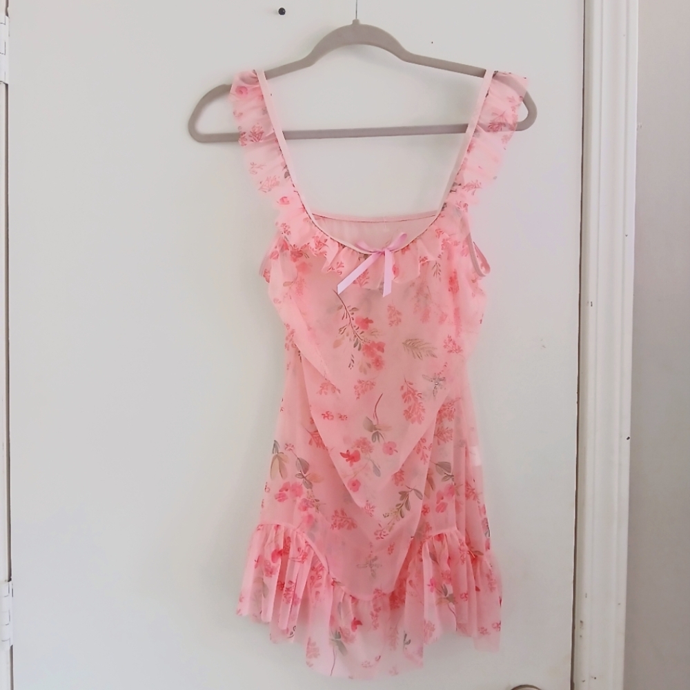 Pink Sheer Chemise with Ruffled Hem